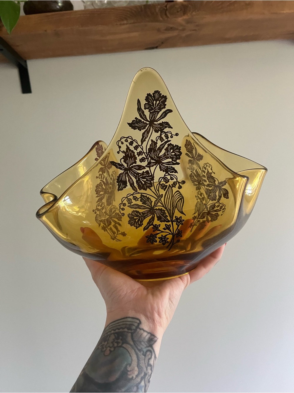 Vintage Amber Floral Glass dish